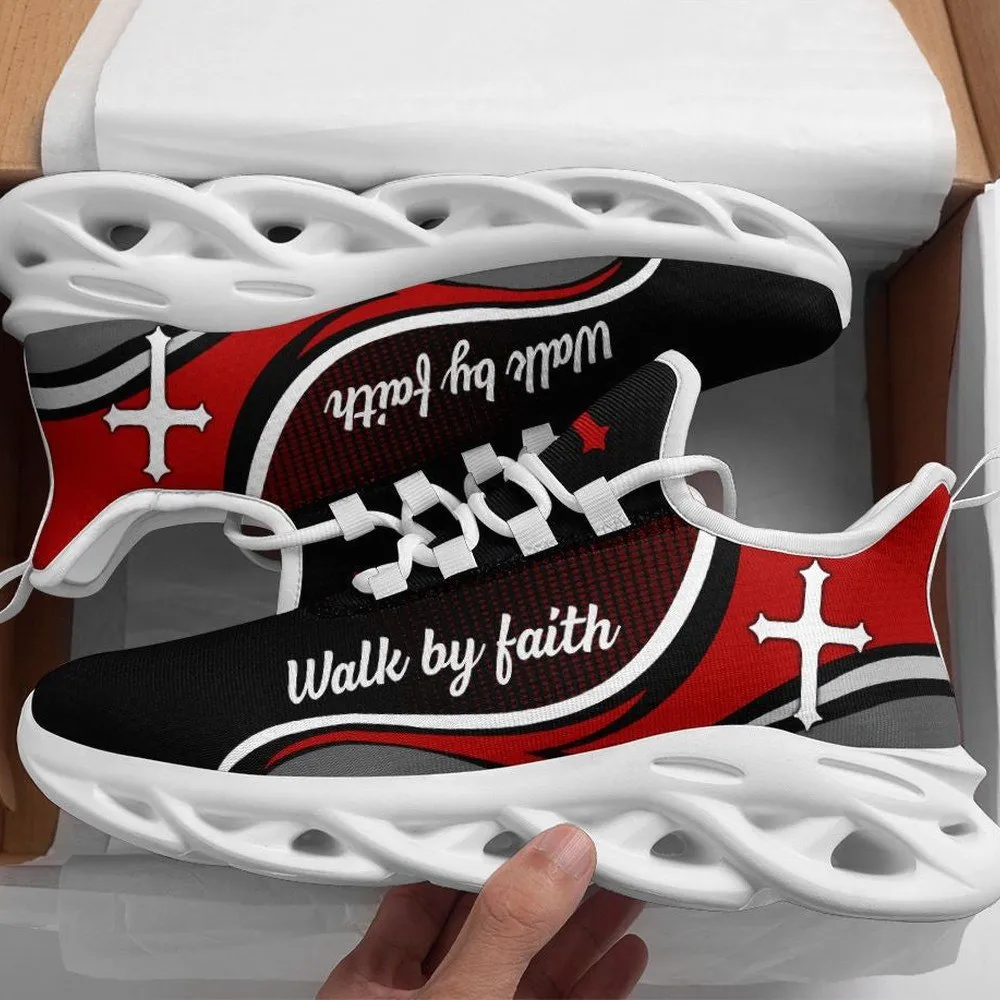 Jesus Walk By Faith Christian Red Black Max Soul Shoes, White Cross Sneakers for Men and Women, Church Gift, Inspirational Running Footwear