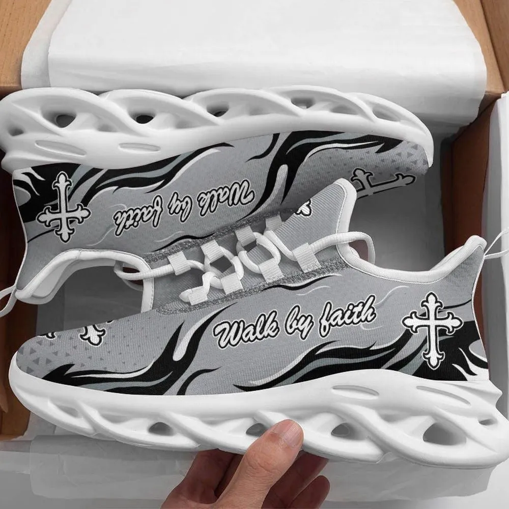 Jesus Walk By Faith Christian Silver Max Soul Shoes, Tribal Flame Cross Sneakers for Men and Women, Church Gift, Grey Running Footwear