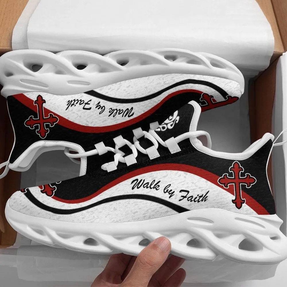 Jesus Walk By Faith Christian White And Black Max Soul Shoes, Red Cross Sneakers for Men and Women, Church Gift, Scripture Running Footwear