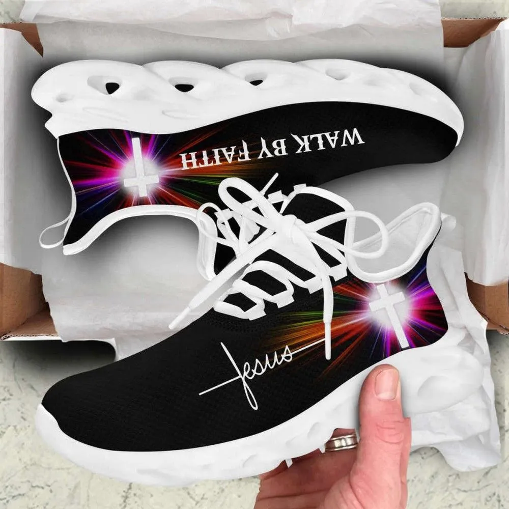 Jesus Walk By Faith Christian White Black Max Soul Shoes, Rainbow Light Cross Sneakers for Men and Women, Church Gift, Running Footwear