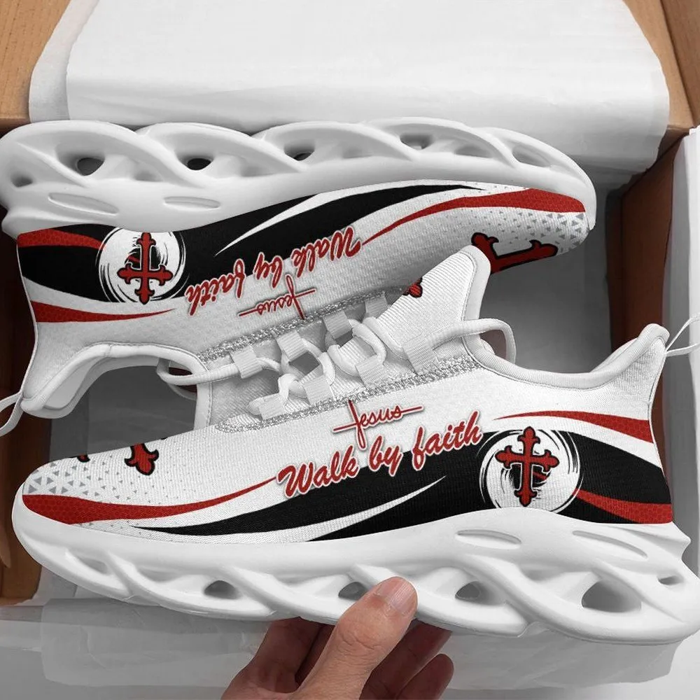 Jesus Walk By Faith Christian White Max Soul Shoes, Red Cross Emblem Sneakers for Men and Women, Church Gift, Bible Verse Running Footwear