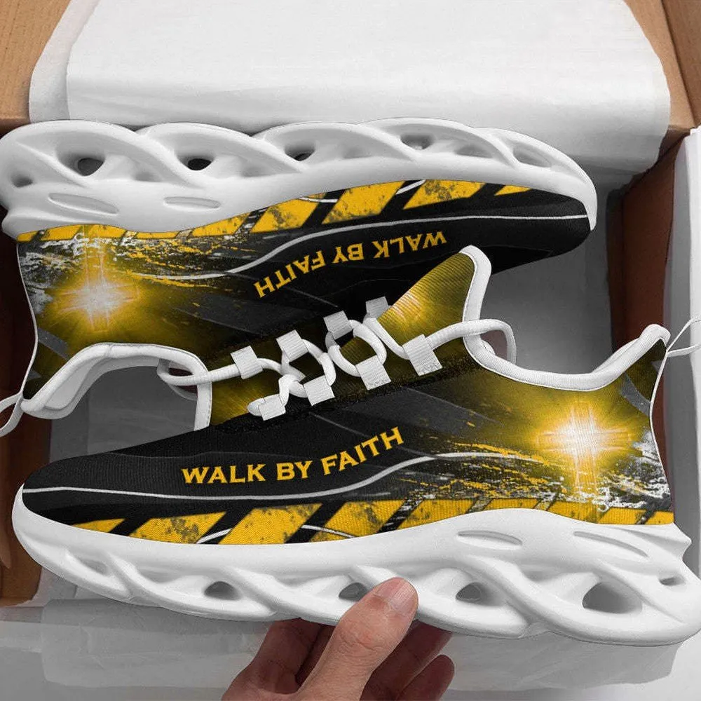 Jesus Walk By Faith Christian Yellow Max Soul Shoes, Glowing Cross Black Sneakers for Men and Women, Church Gift, Hazard Stripe Running Footwear