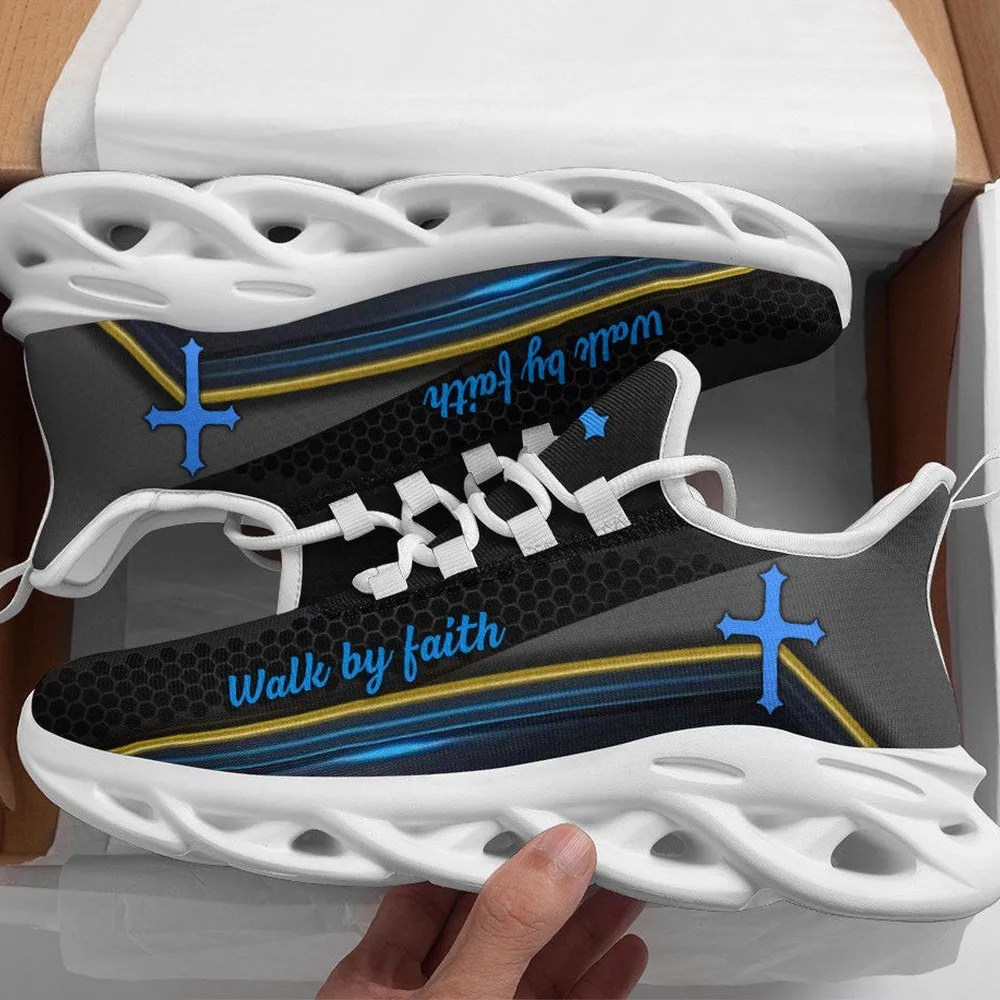Jesus Walk By Faith Cross Black Christian Max Soul Shoes, Blue Light Streak Sneakers for Men and Women, Church Gift, Running Footwear for Him