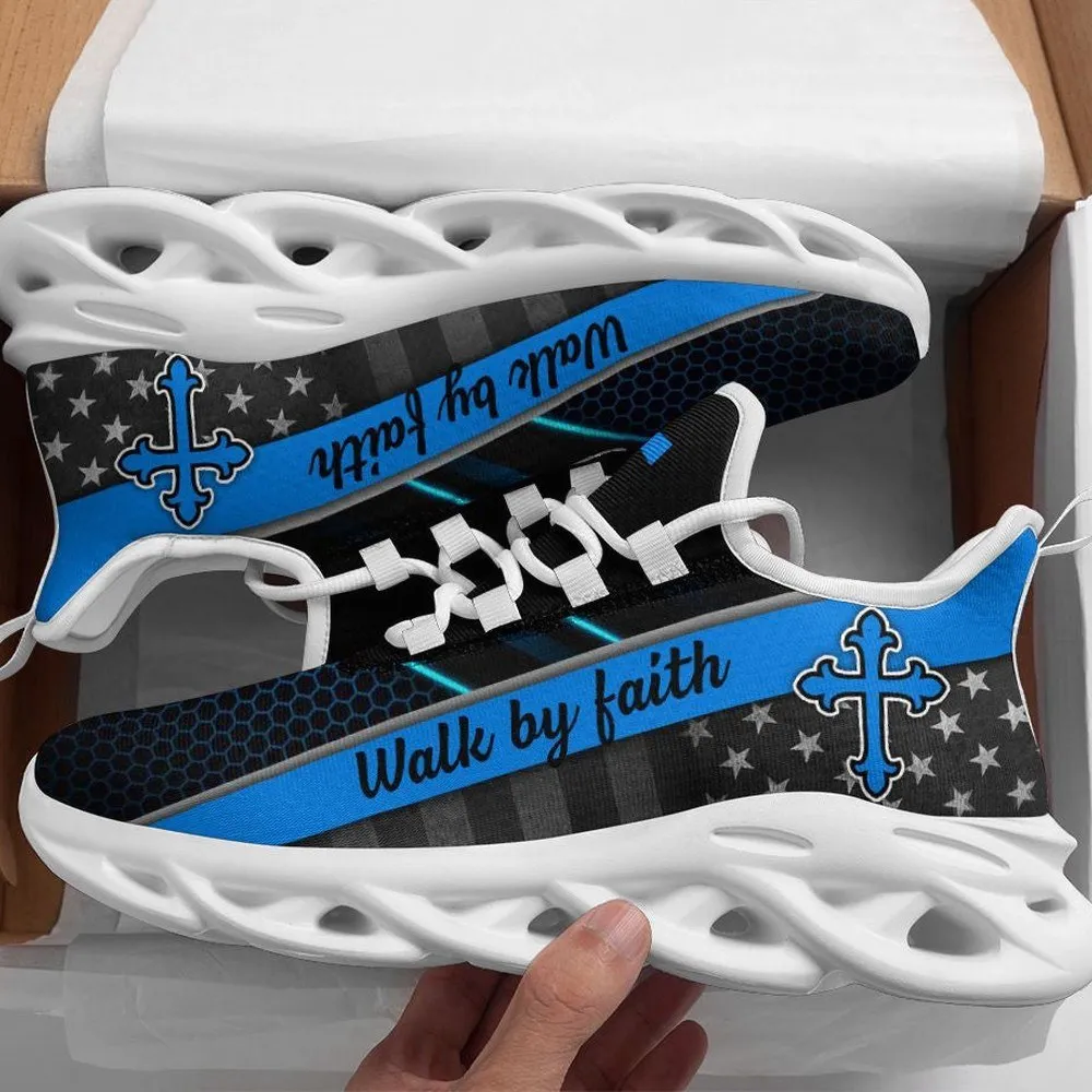 Jesus Walk By Faith Cross Blue Max Soul Shoes, American Flag Christian Sneakers for Men and Women, Patriotic Church Gift, Running Footwear