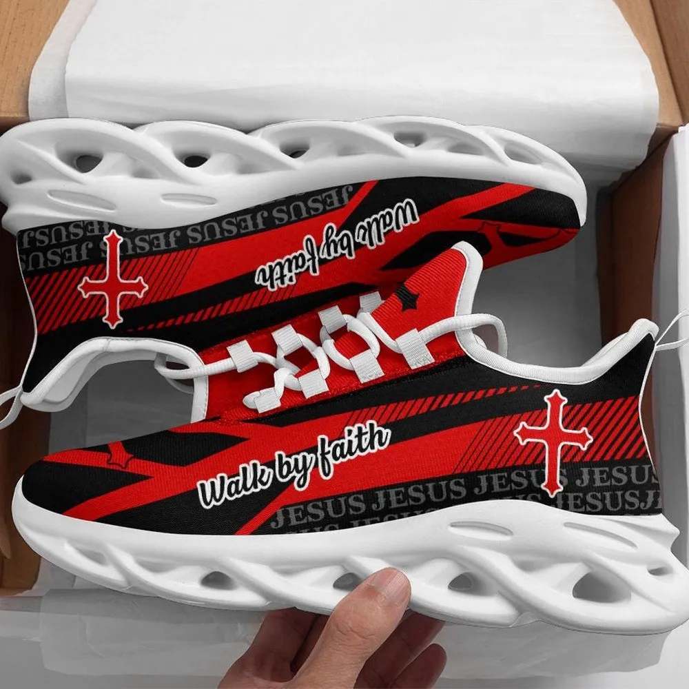 Jesus Walk By Faith Cross Max Soul Shoes, Red Black Striped Christian Sneakers for Men and Women, Church Gift, Bible Verse Running Footwear