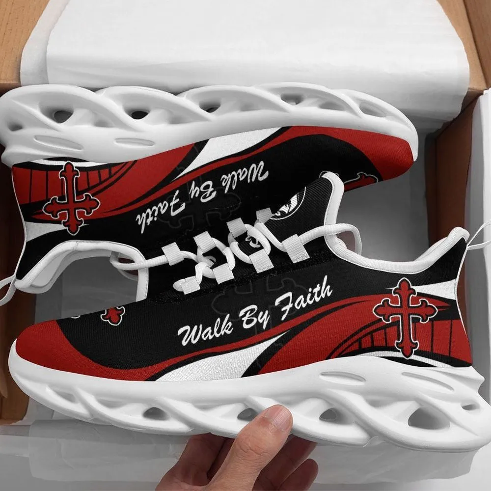 Jesus Walk By Faith Red And Black Christian Max Soul Shoes, Budded Cross Sneakers for Men and Women, Church Gift, Bible Verse Running Footwear