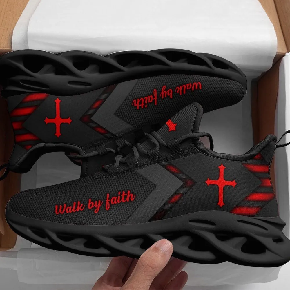 Jesus Walk By Faith Red Black Christian Max Soul Shoes, Dark Chevron Cross Sneakers for Men and Women, Church Gift, Stealth Running Footwear