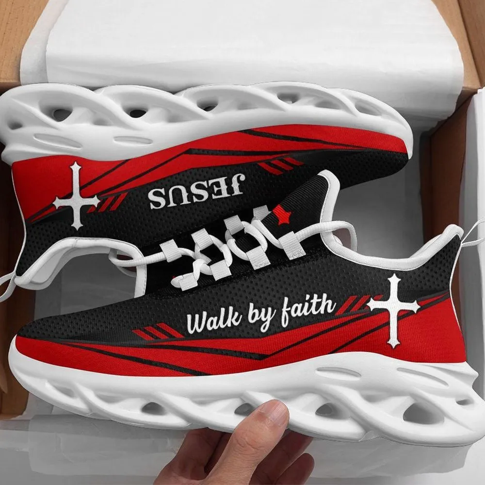 Jesus Walk By Faith Red Max Soul Shoes, Black White Cross Christian Sneakers for Men and Women, Church Gift, Sunday Running Footwear