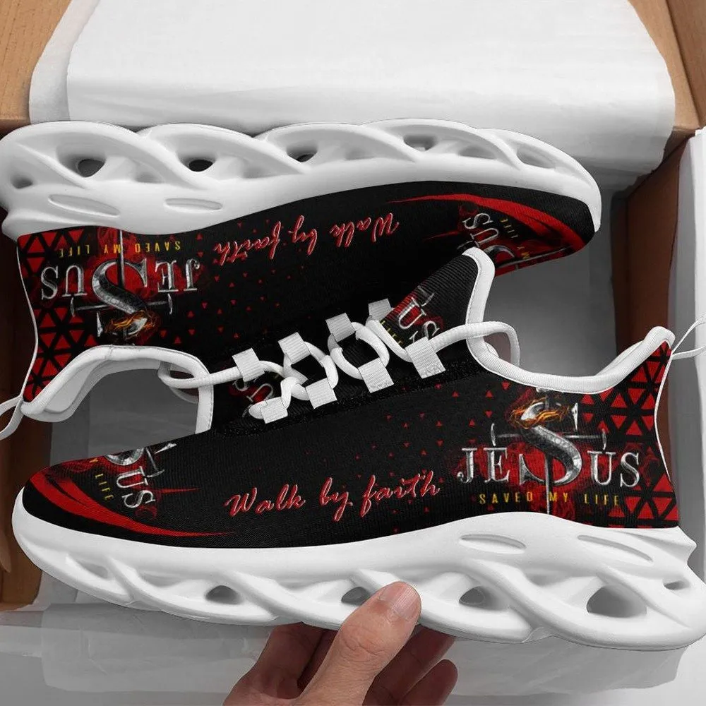 Jesus Walk By Faith Saved My Life Max Soul Shoes, Red Black Christian Sneakers for Men and Women, Church Gift, Testimony Running Footwear