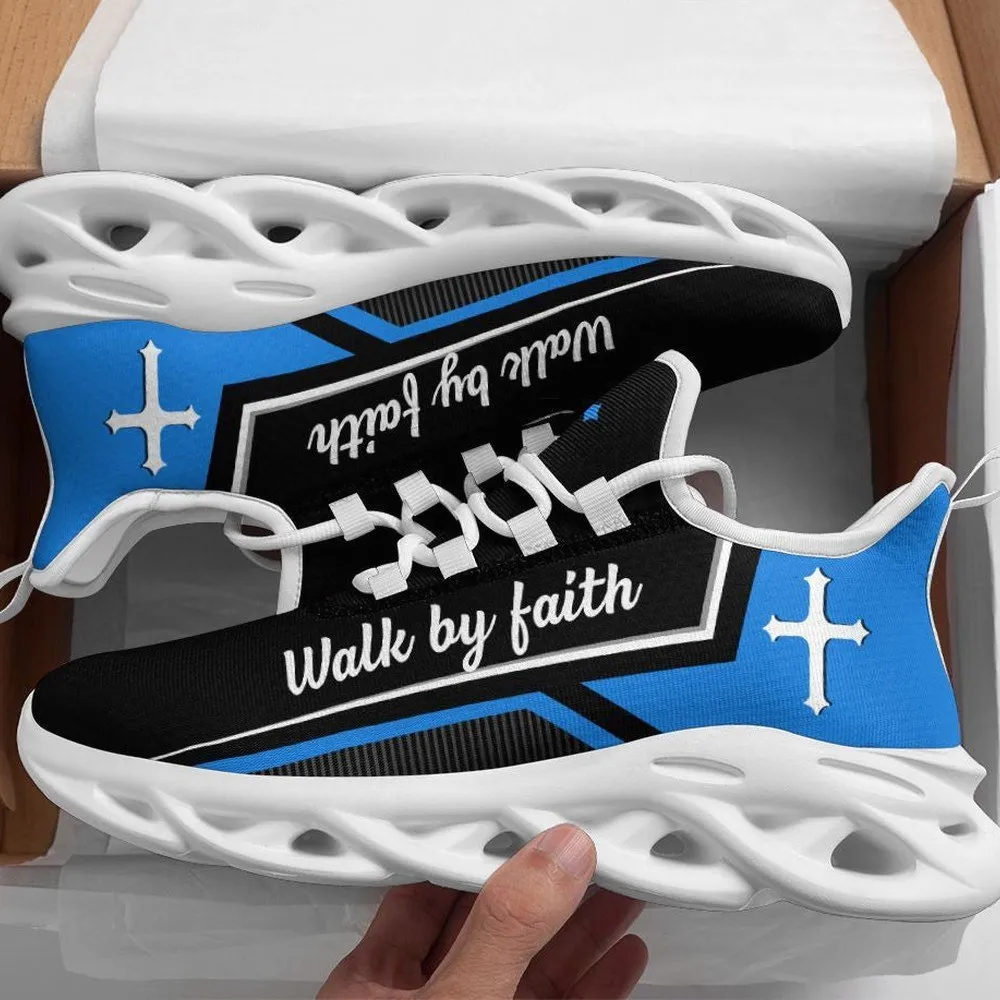 Jesus Walk By Faith Christian Max Soul Shoes, Blue Black Cross Sneakers for Men and Women, Church Gift, Scripture Running Footwear for Believers