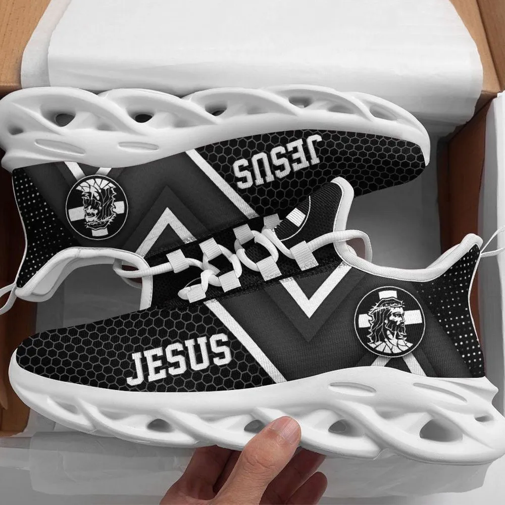 Jesus White And Black Christian Max Soul Shoes, Crown of Thorns Emblem Sneakers for Men and Women, Church Gift, Honeycomb Running Footwear
