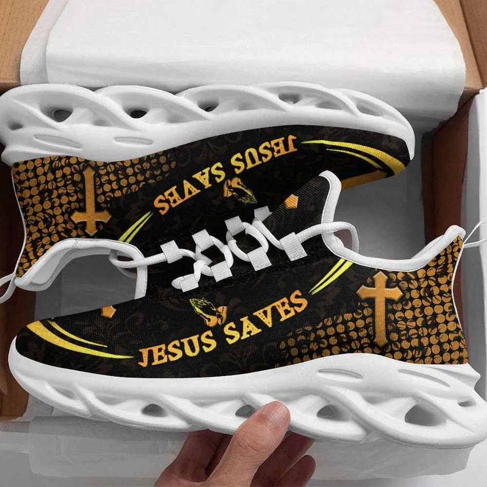 Jesus White Black Saves Christian Max Soul Shoes, Gold Praying Hands Cross Sneakers for Men and Women, Church Gift, Bible Walking Footwear