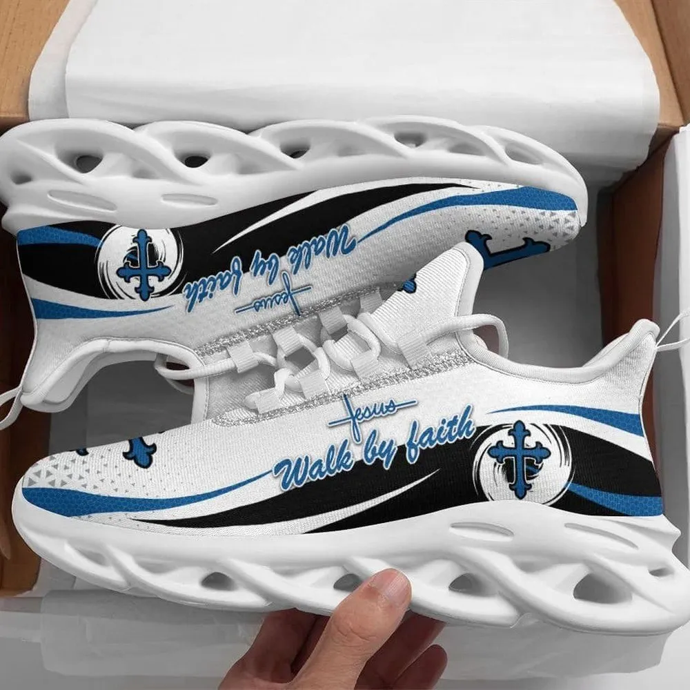 Jesus White Walk By Faith Christian Max Soul Shoes, Blue Cross Sneakers for Men and Women, Church Gift, Bible Verse Running Footwear