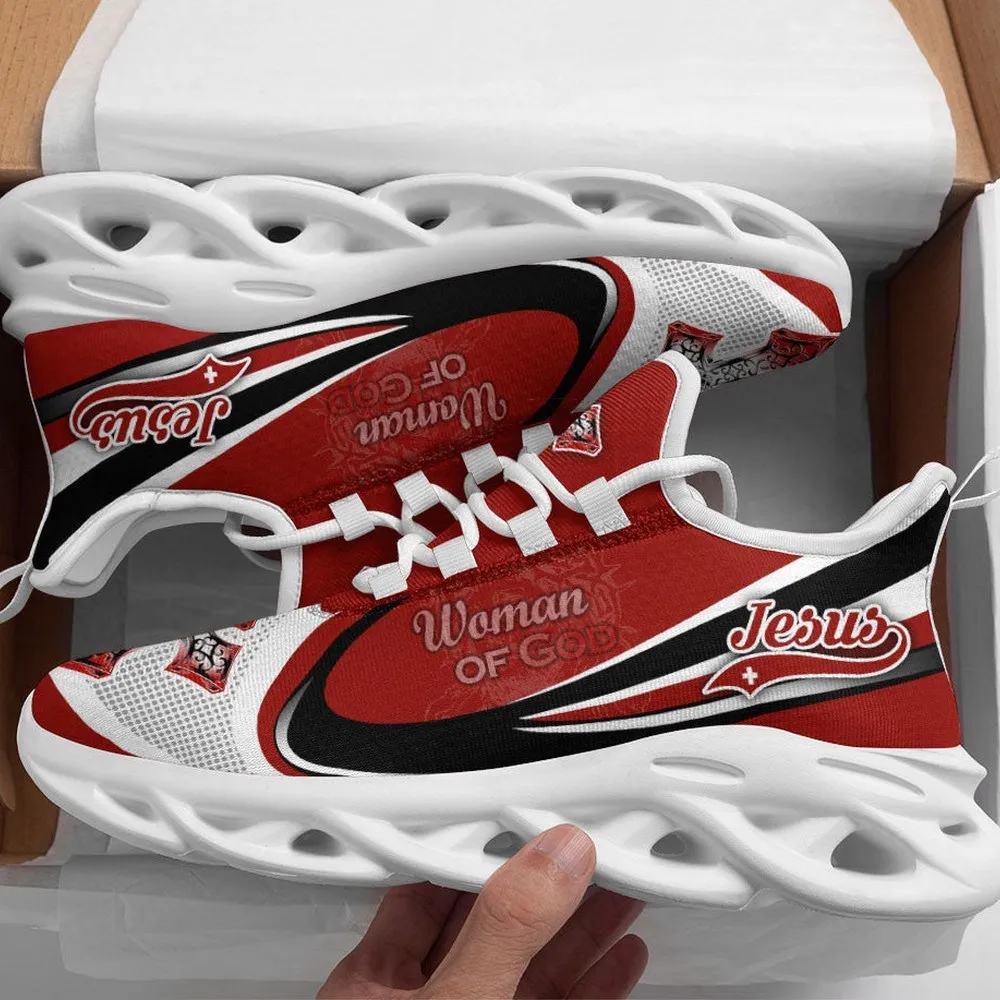 Jesus Woman Of God Christian Max Soul Shoes, Red White Faith Sneakers for Women, Church Gift for Mom, Bible Lover Walking Footwear for Her
