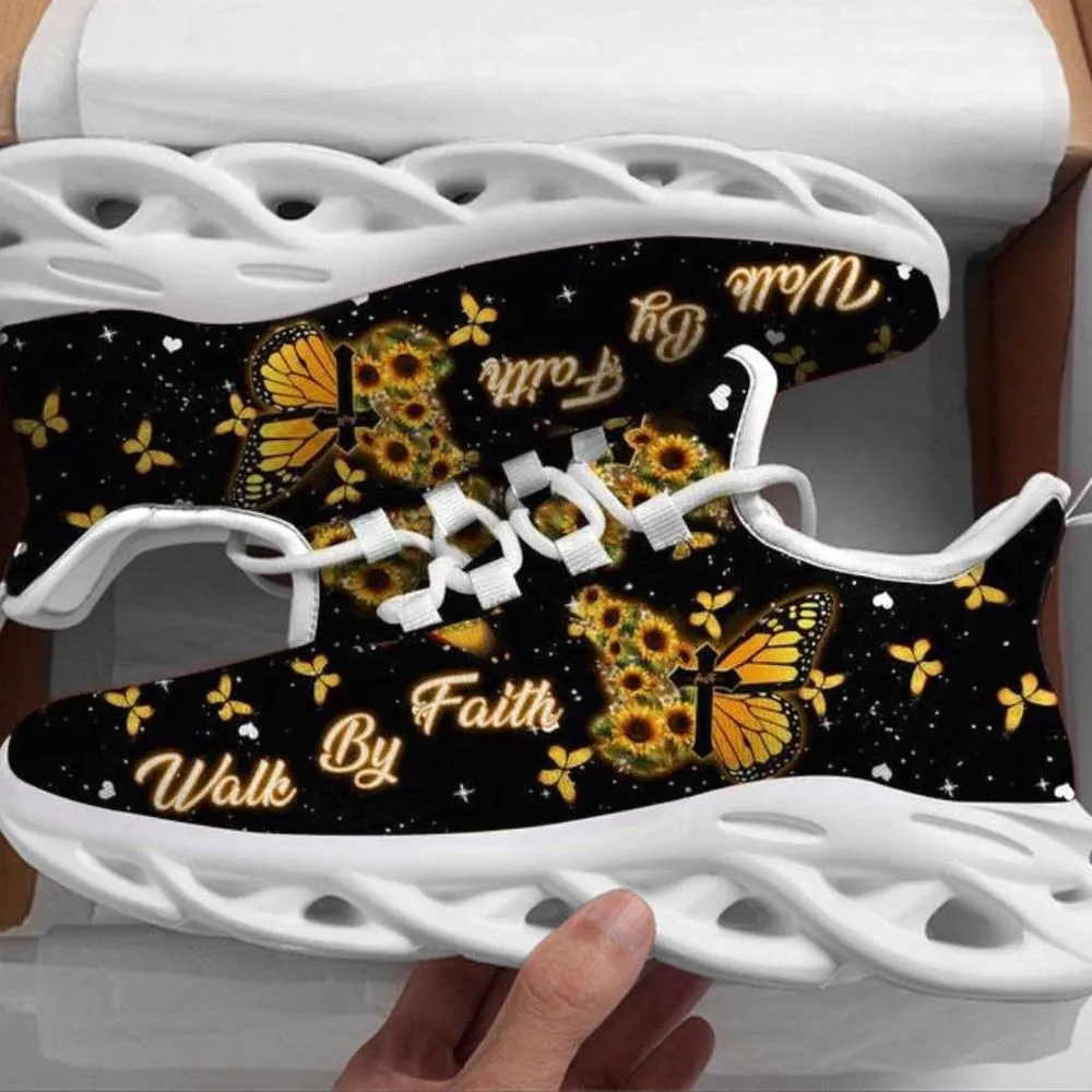 Jesus Yellow Butterfly Walk By Faith Christian Max Soul Shoes, Sunflower Cross Sneakers for Women and Men, Church Gift, Monarch Walking Footwear