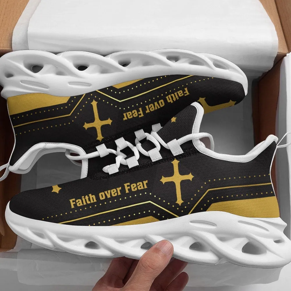 Jesus Yellow Faith Over Fear Christian Max Soul Shoes, Black Gold Cross Sneakers for Men and Women, Church Gift, Inspirational Walking Footwear