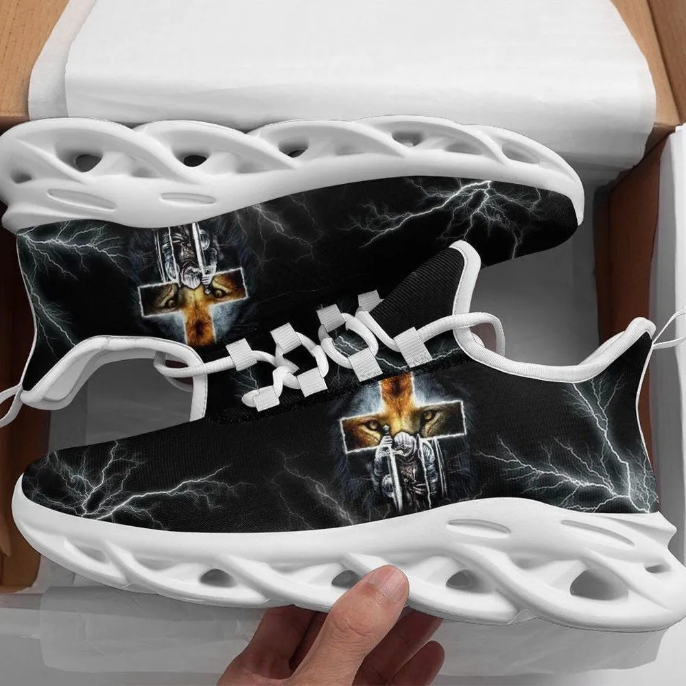 Lion And Warrior Of Christ Max Soul Shoes, Kneeling Knight Cross Christian Sneakers for Men and Women, Faith Gift, Lightning Running Footwear