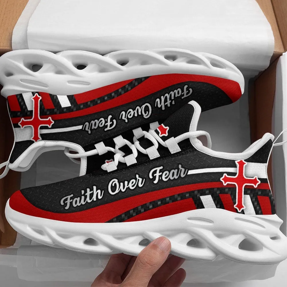 Red Black Jesus Faith Over Fear Christian Max Soul Shoes, Crusader Cross Sneakers for Men and Women, Church Gift, Bible Running Footwear