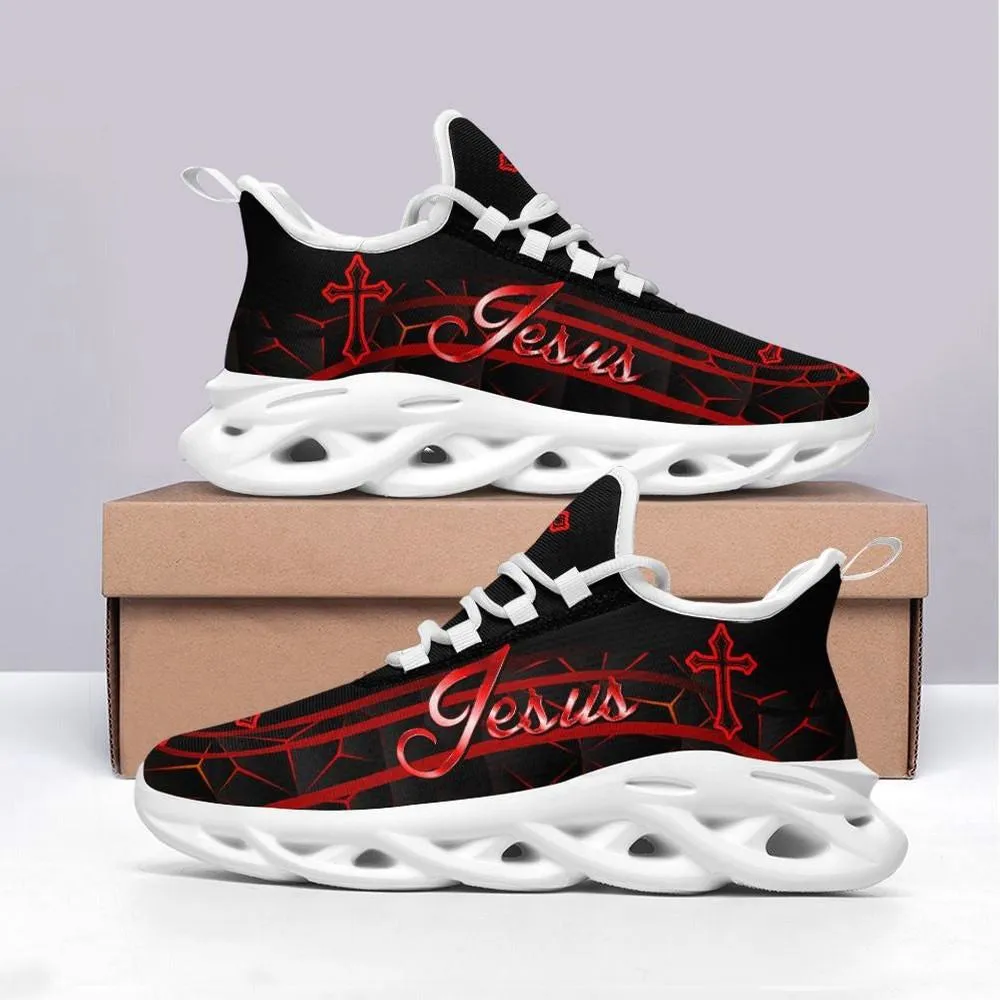 Red Jesus Christian Max Soul Shoes, Black Cracked Lava Cross Sneakers for Men and Women, Church Gift, Faith Walking Footwear for Believers