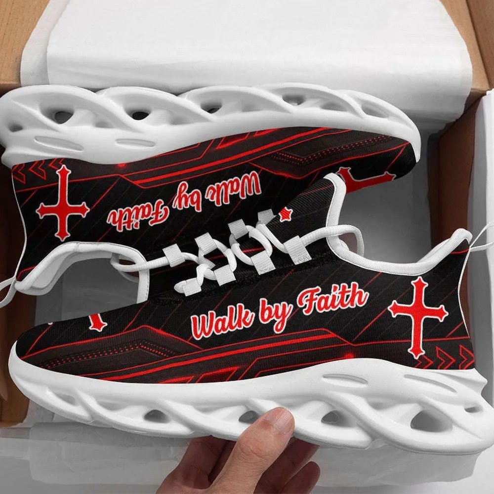 Red Jesus Christian Walk By Faith Max Soul Shoes, Black Gothic Cross Sneakers for Men and Women, Church Gift, Neon Line Running Footwear