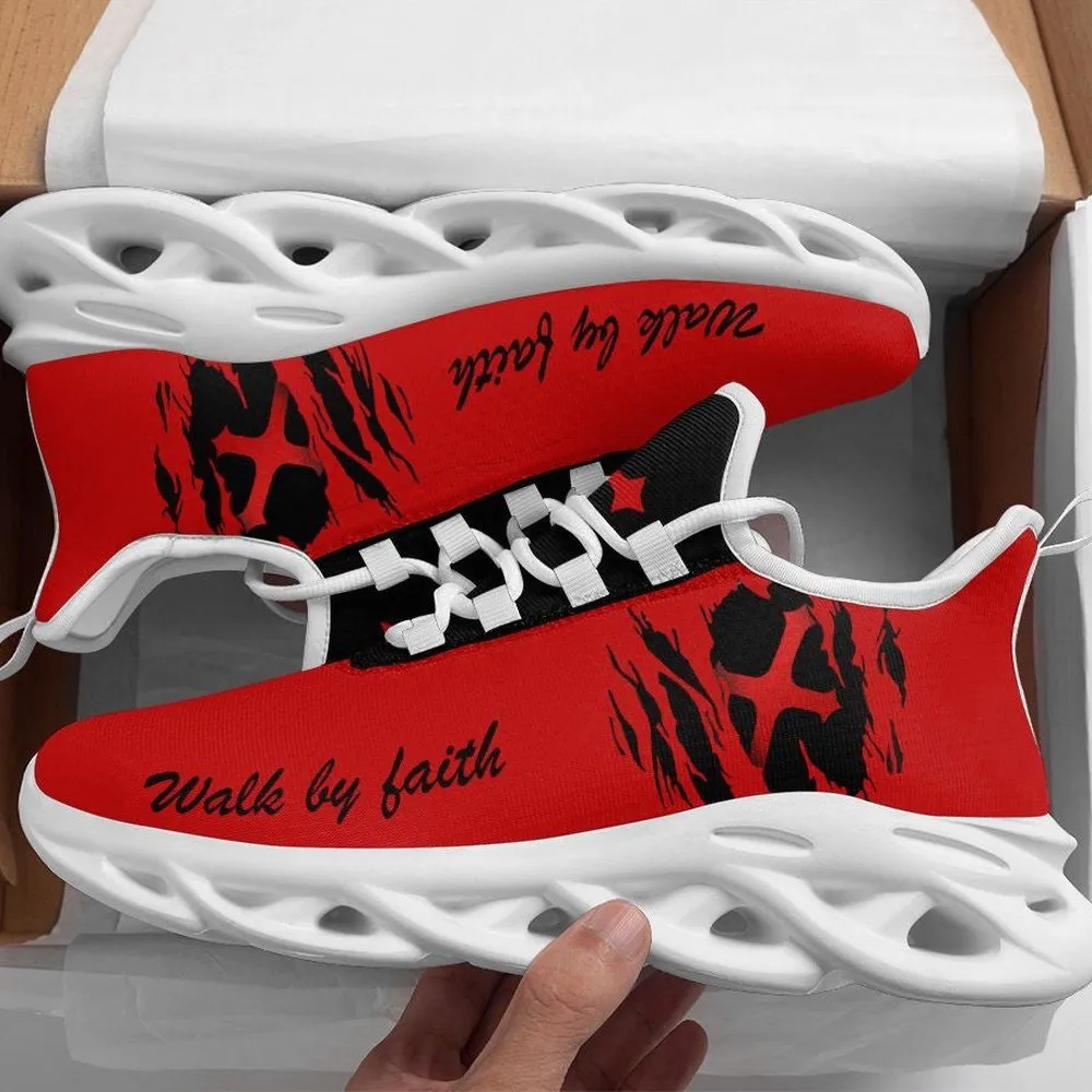 Red Jesus Walk By Faith Christian Max Soul Shoes, Torn Black Cross Sneakers for Men and Women, Church Gift Idea, Bible Verse Running Footwear