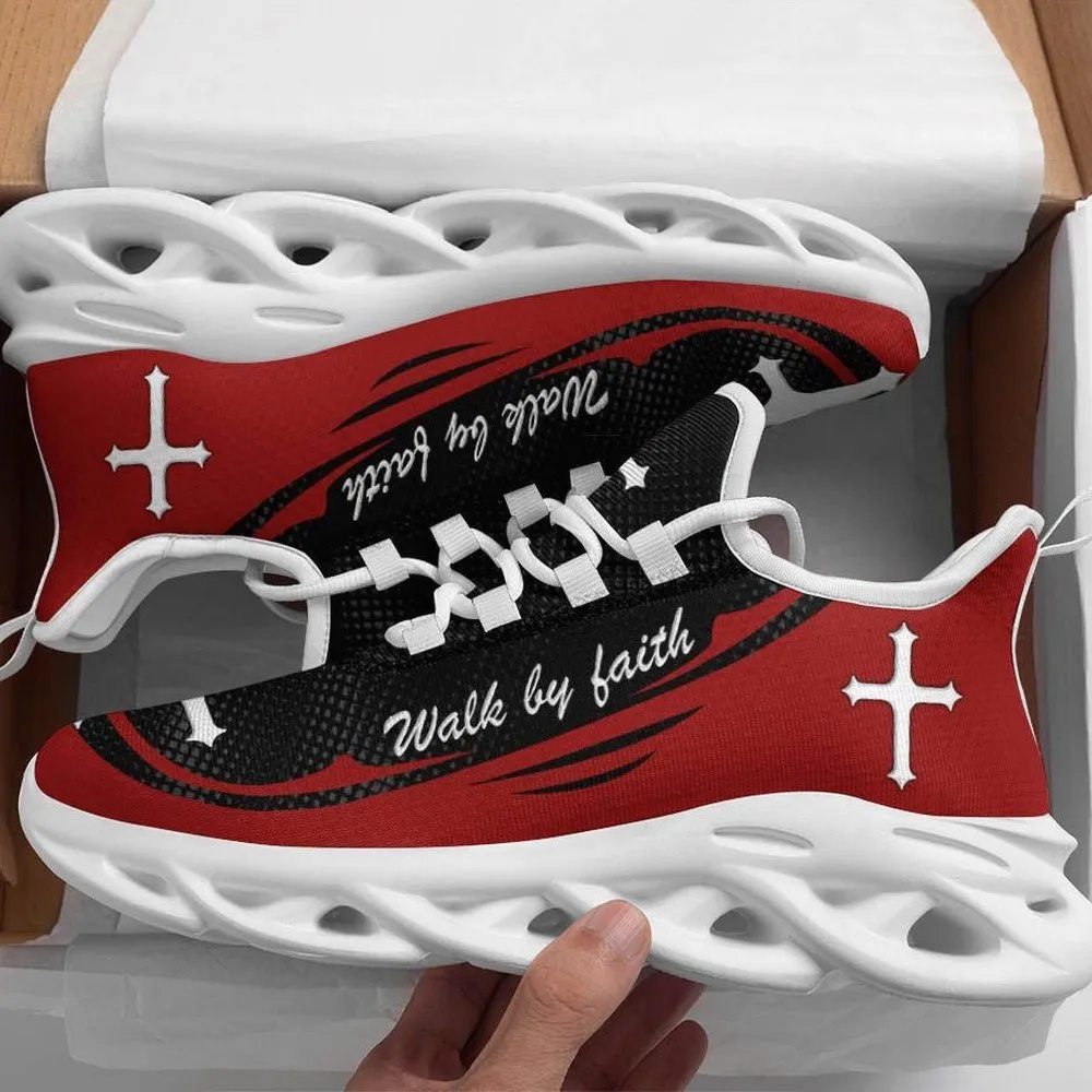 Red Jesus Walk By Faith Max Soul Shoes, White Cross Christian Sneakers for Men and Women, Church Gift, Black Scripture Running Footwear