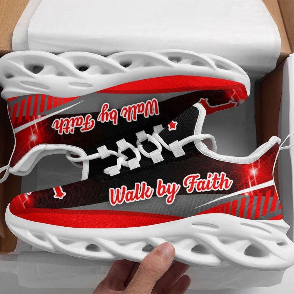 Red Walk By Faith Jesus Christian Max Soul Shoes, Black Glow Sneakers, Religious Lace-Up Walking Gift for Church and Everyday Wear