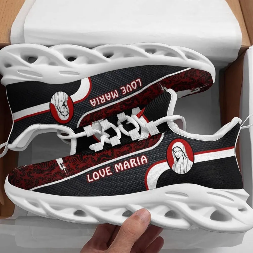 Virgin Mary Christian Max Soul Shoes, Love Maria Catholic Sneakers, Black Red Religious Walking Gift for Mother's Day and Church