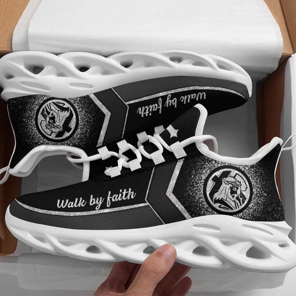 Walk By Faith Jesus Christian Carry Cross Max Soul Shoes, Black Silver Glitter Sneakers, Religious Walking Gift for Men and Women