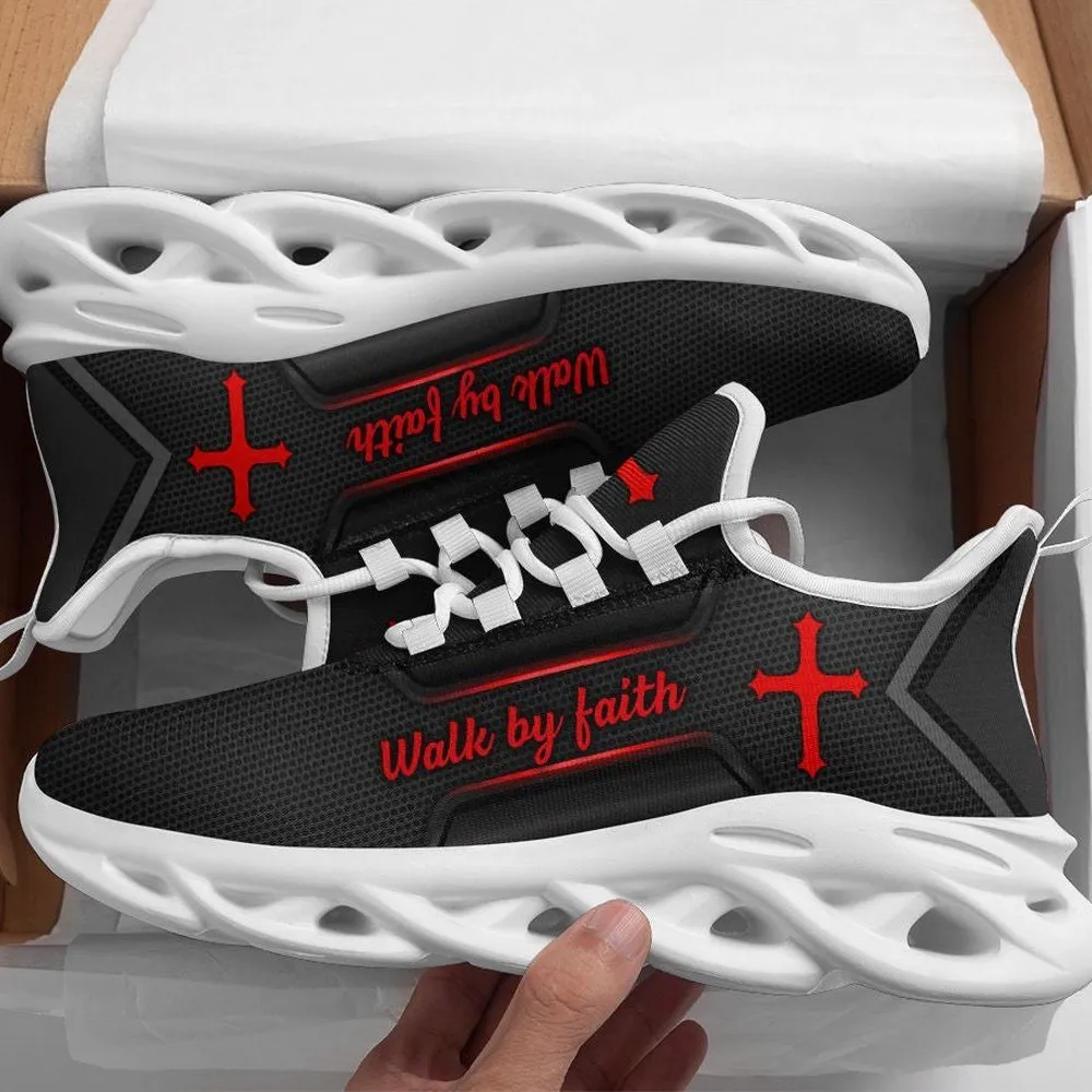 Walk By Faith Jesus Cross Black Red Max Soul Shoes, Christian Sneakers with Glowing Lines, Religious Walking Gift for Church