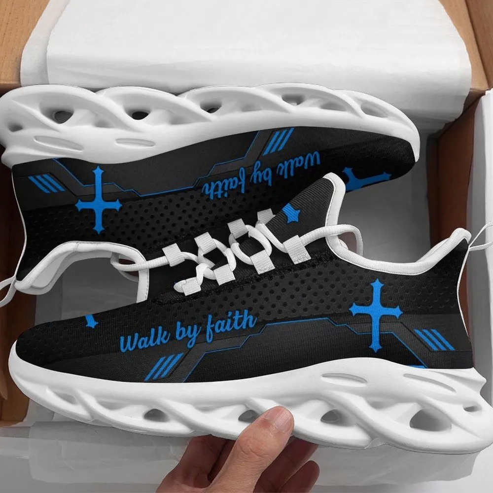 Walk By Faith Jesus Cross Max Soul Shoes, Black Blue Christian Sneakers, Religious Lace-Up Walking Gift for Church and Daily Wear