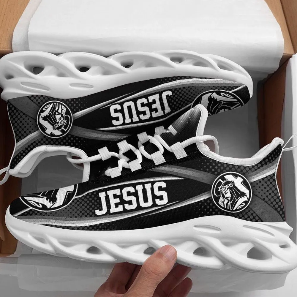 White And Black Jesus Christian Max Soul Shoes, Bold Lettering Cross Emblem Sneakers, Faith Walking Gift for Men and Women