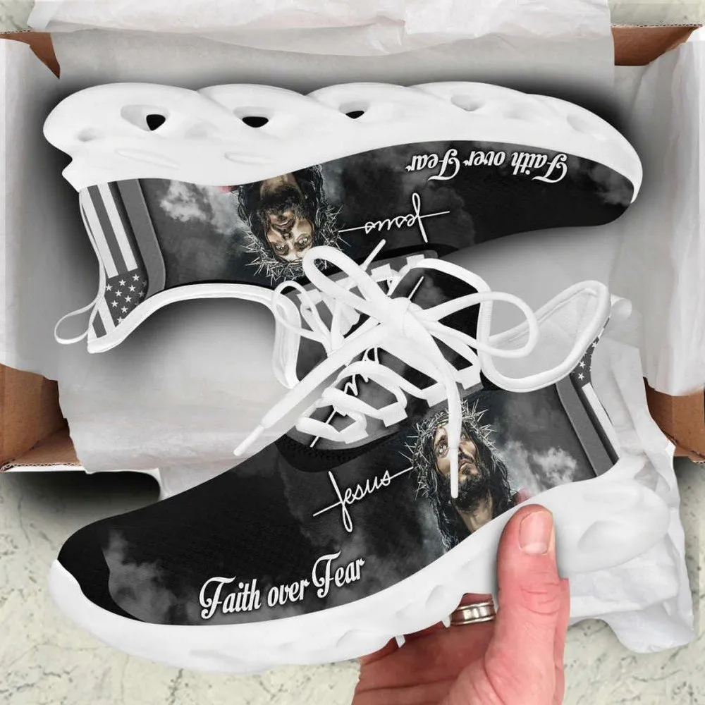 White And Black Jesus Faith Over Fear Christian Max Soul Shoes, American Flag Cross Sneakers, Religious Walking Gift for Believers