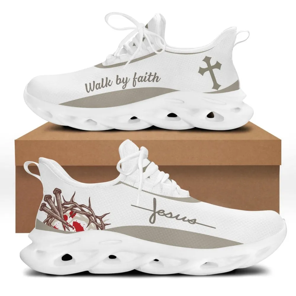 White Jesus Walk By Faith Christian Max Soul Shoes, Crown of Thorns Cross Sneakers, Religious Gift for Church and Everyday Walks